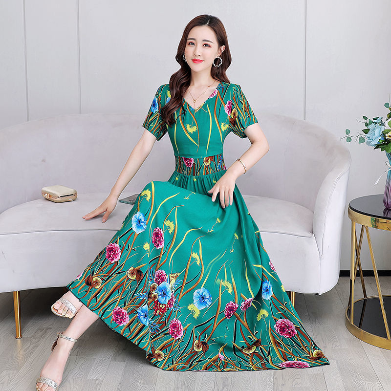 Dress 2021 new summer mother's imitation ice silk waist shows thin and noble, foreign style, over the knee big swing printing | BigBuy360 - bigbuy360.vn