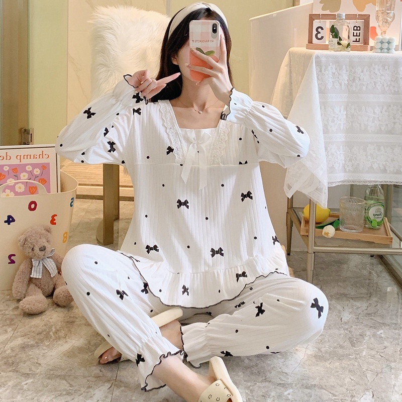 Bộ đồ ngủ nữ dài tay, quần áo mặc nhà, đồ thu đông vải co giãn 4 chiều cotton thun mới nhất kèm ảnh thật QA04