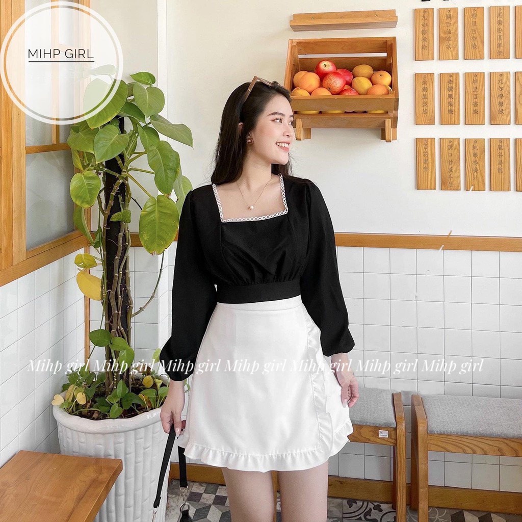 Áo croptop nữ dài tay cổ vuông , Áo kiểu nữ phối ren thắt eo ôm body sexy chất liệu vải đũi.