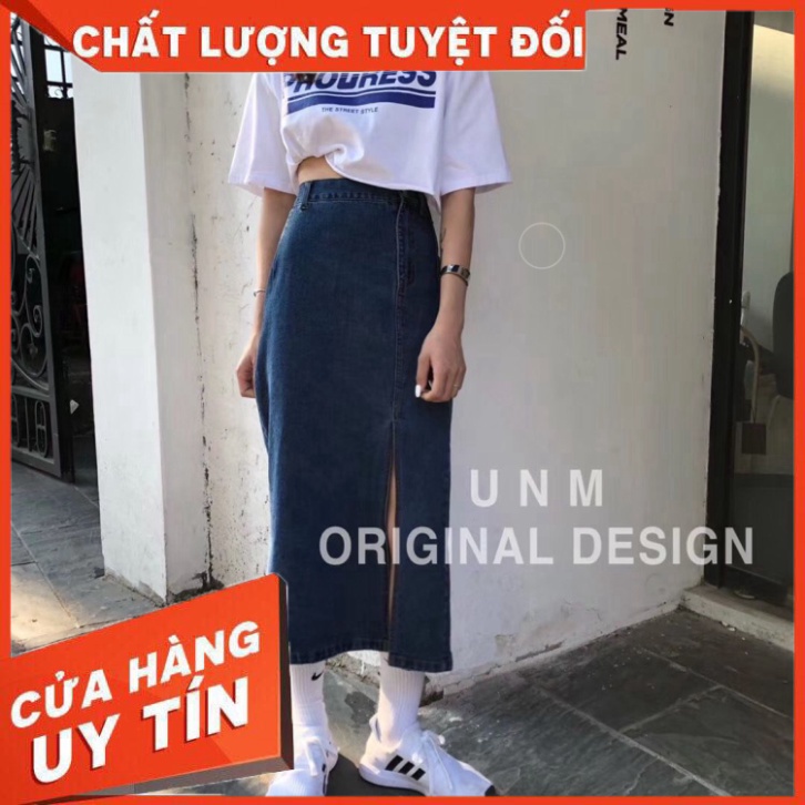 Chân Váy Denim Chữ A Dáng Dài Lưng Cao Xẻ Tà Xinh Xắn Phong Cách Hàn Quốc - Hàng nhập khẩu