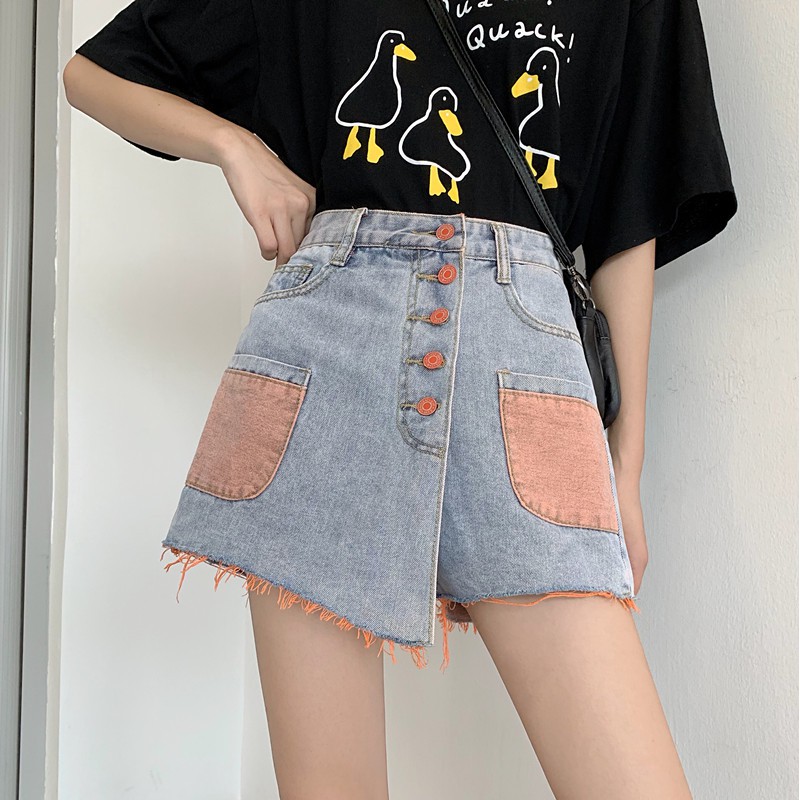 Xiaozhainv Quần short denim lưng cao phong cách Hàn Quốc | BigBuy360 - bigbuy360.vn