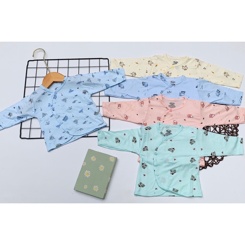 Áo Sơ Sinh Dài Tay Cài Lệch Chất Cotton Siêu Mềm Mịn, Mát Cho Bé Trai, Bé Gái Sơ Sinh (Size 0-3M Đến 6-9M)