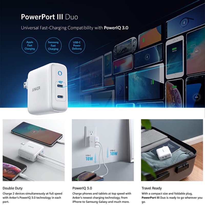 Củ sạc nhanh iPhone, iPad ANKER PowerPort III Duo 36W - 02 cổng PIQ 3.0 - A2628