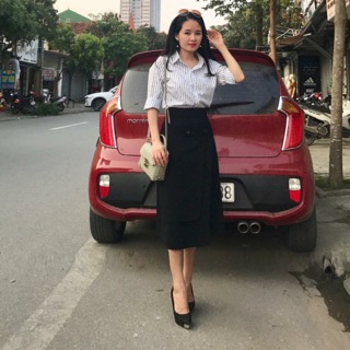 Sét chân váy khuy+ áo sơmi kẻ fa