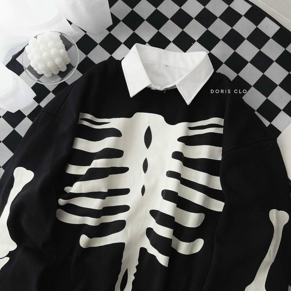 Áo Khoác Sweater Nỉ Thun Form Rộng Nam Nữ Họa Tiết Hình Xương Phong Cách Thời Trang