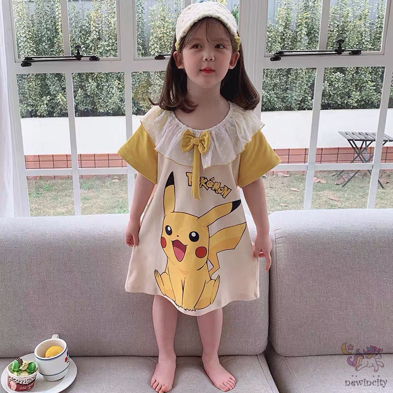 Đầm ngủ tay ngắn cổ bẻ in họa tiết hoạt hình đính nơ phối ren phong cách Hàn Quốc dễ thương cho bé gái