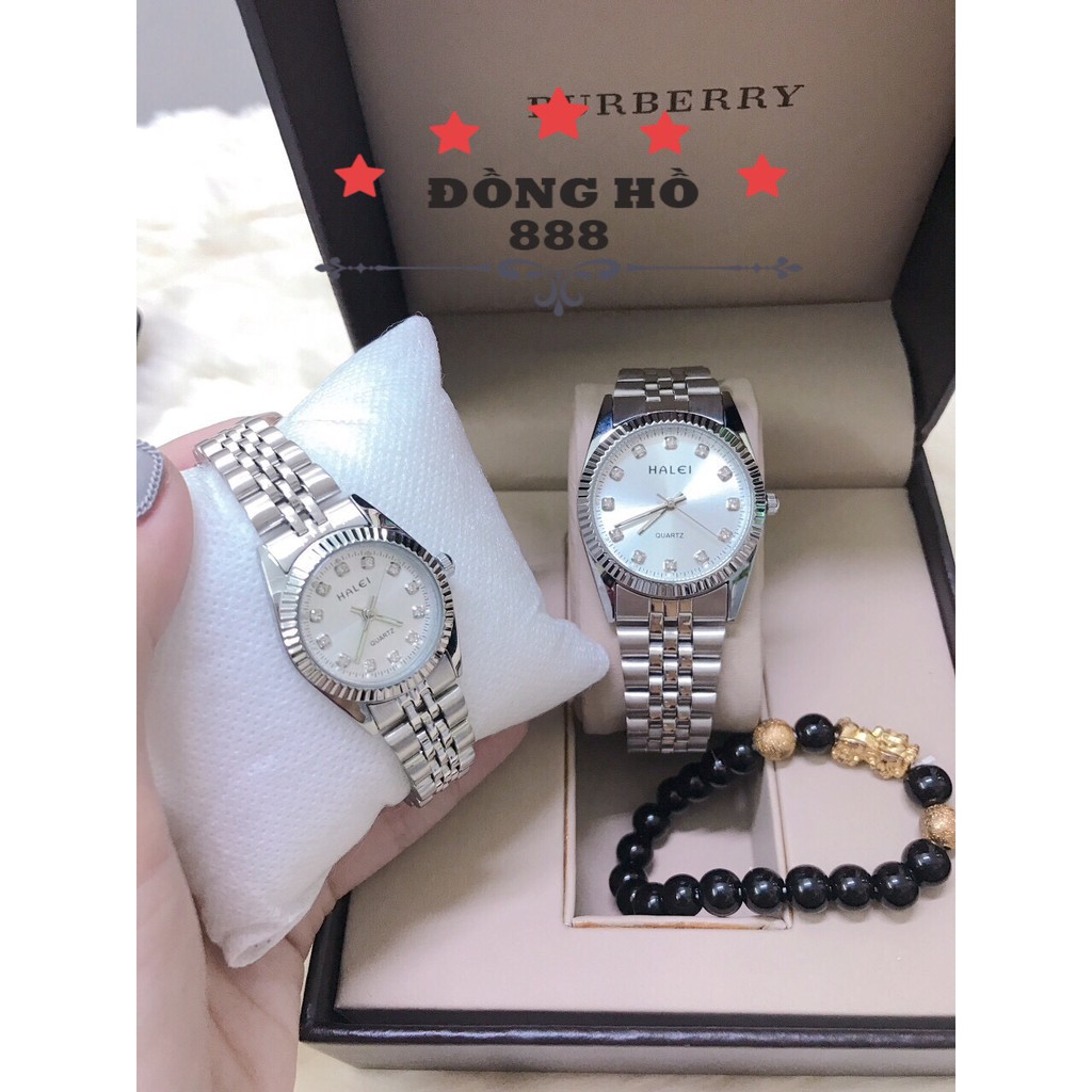 Cặp Đồng Hồ Đôi Halei Dây Thép- Tặng 1 Vòng Tỳ Hưu - Dây Trắng Mặt Trắng