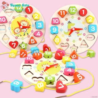 Animal Shape Preschool Children's Early Education Teaching Aids Wooden Toys Threading Digital Clock