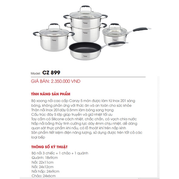 Bộ Nồi Xửng Chảo Inox cao cấp Canzy CZ 899 NEW ✅ 5 món chuyên dụng cho bếp từ