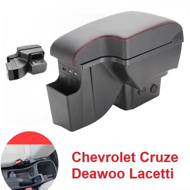 Hộp tỳ tay ô tô cao cấp Chevrolet Cruze và Deawoo Lacetti dạng khối tích hợp 3 cổng USB - Chất liệu: Nhựa ABS + da PU