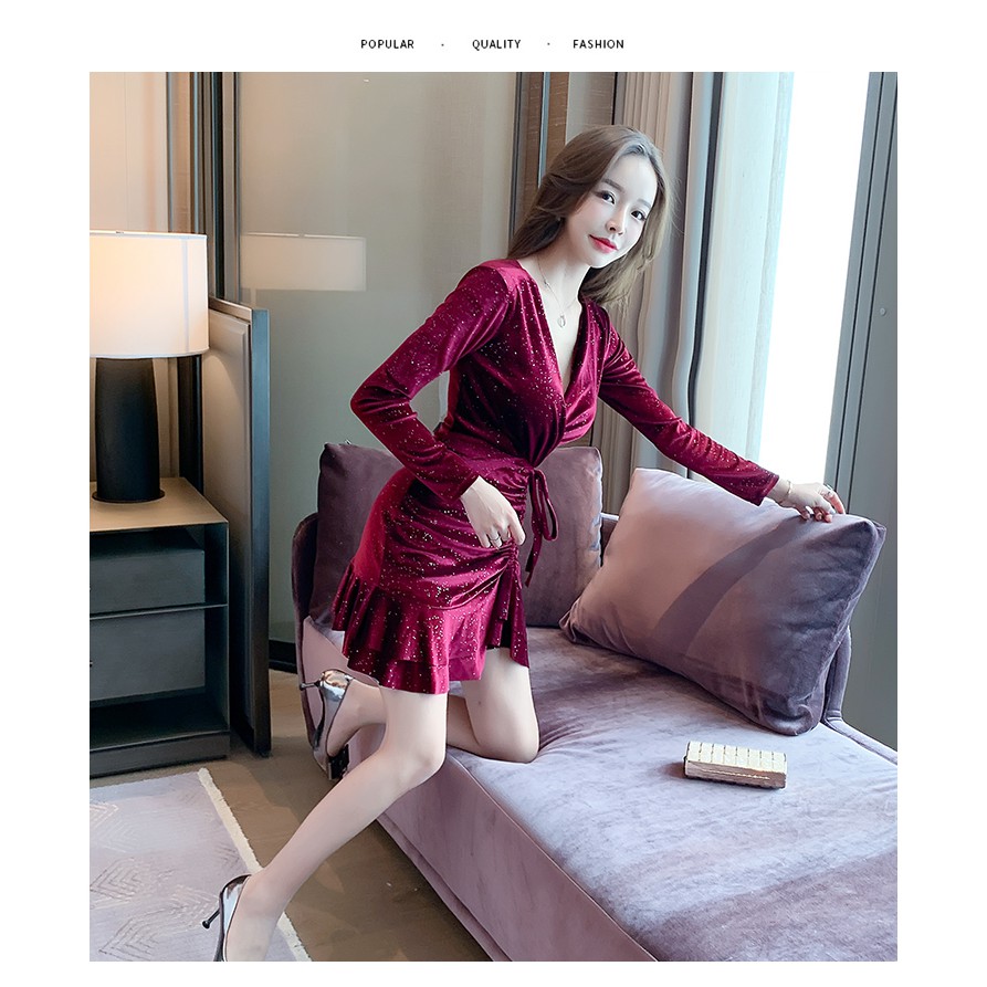 🌸Hàng Order🌸Váy Nhung Rút Eo Cổ V Sexy Lấp Lánh 🌸Hàng Quảng Châu | BigBuy360 - bigbuy360.vn