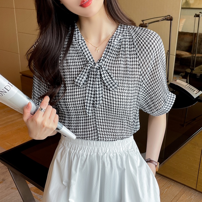 Áo Sơ Mi Chiffon Tay Ngắn Xếp Ly Họa Tiết Houndstooth Thanh Lịch Màu Đen Cam Thời Trang Mùa Hè Cho Nữ