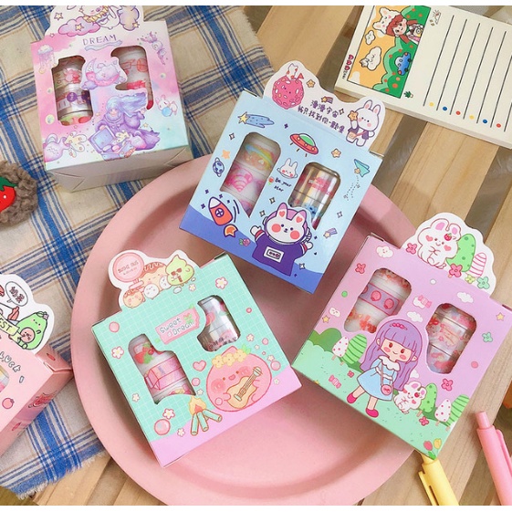 Hộp sticker cute washi tape băng keo trang trí sổ tay set 10 cuộn washi 10 sicker hình dán chống nước dễ thương