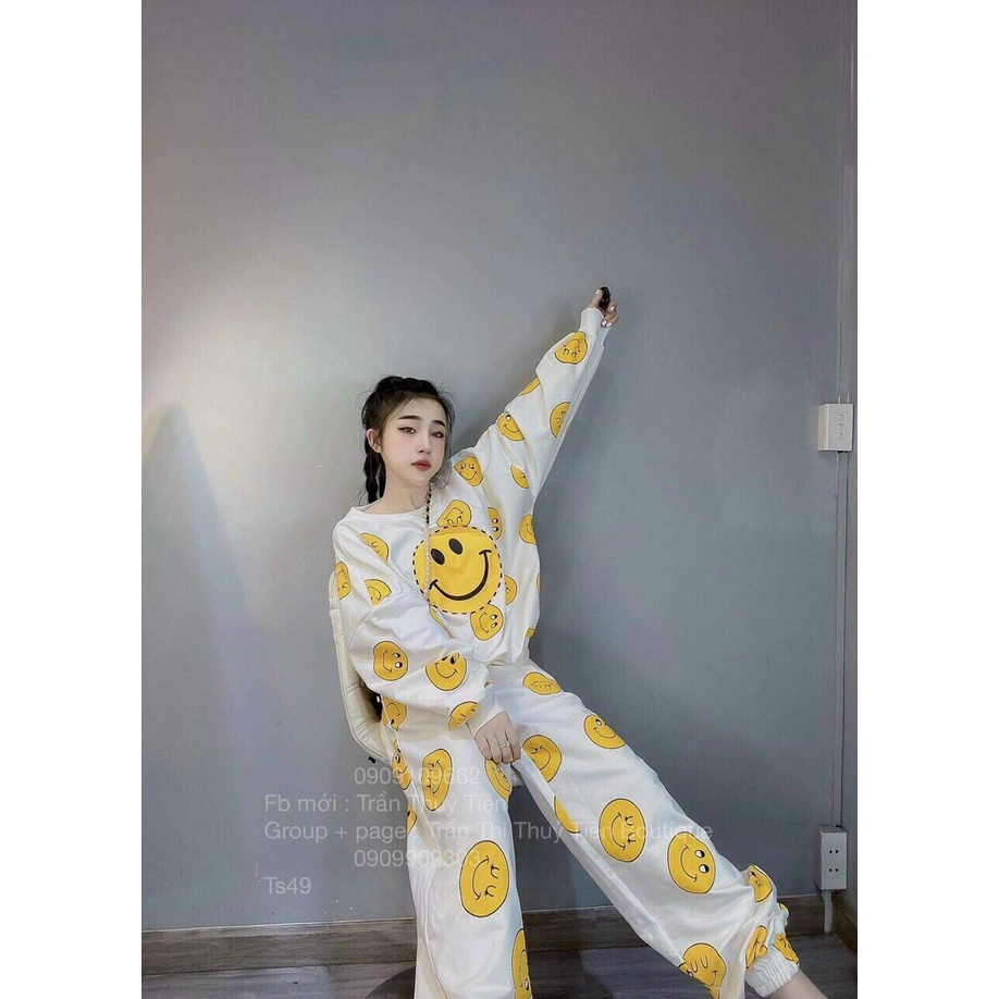 Set bộ thể thao nữ, set bộ thun tay dài in hình mặt cười vàng, quần ống túm đi chơi mặc nhà cho nàng cá tính, năng động