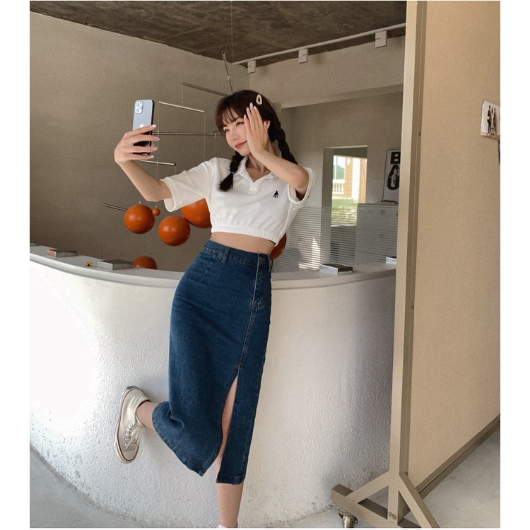 Chân Váy Denim Xanh Dương Xẻ Tà Lưng Cao Vừa Vặn 43784