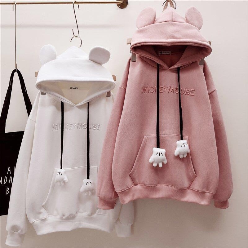 Áo hoodie dáng rộng có mũ trùm đầu mùa thu đông dễ thương kiểu tai thú cho nữ
