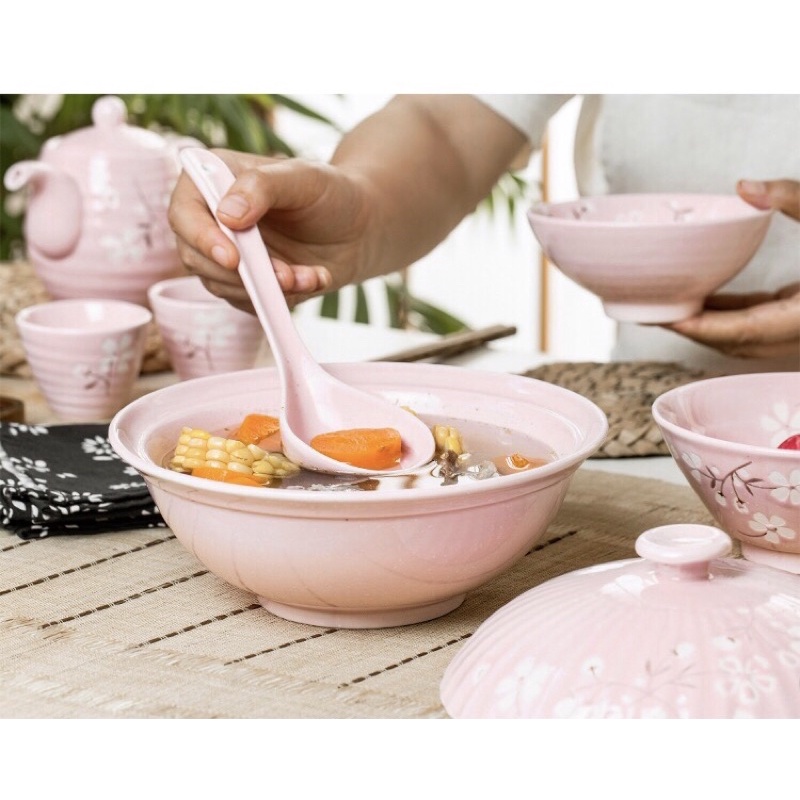 Bộ bát đĩa lẻ gốm Nhật màu hồng hoạ tiết hoa anh đào