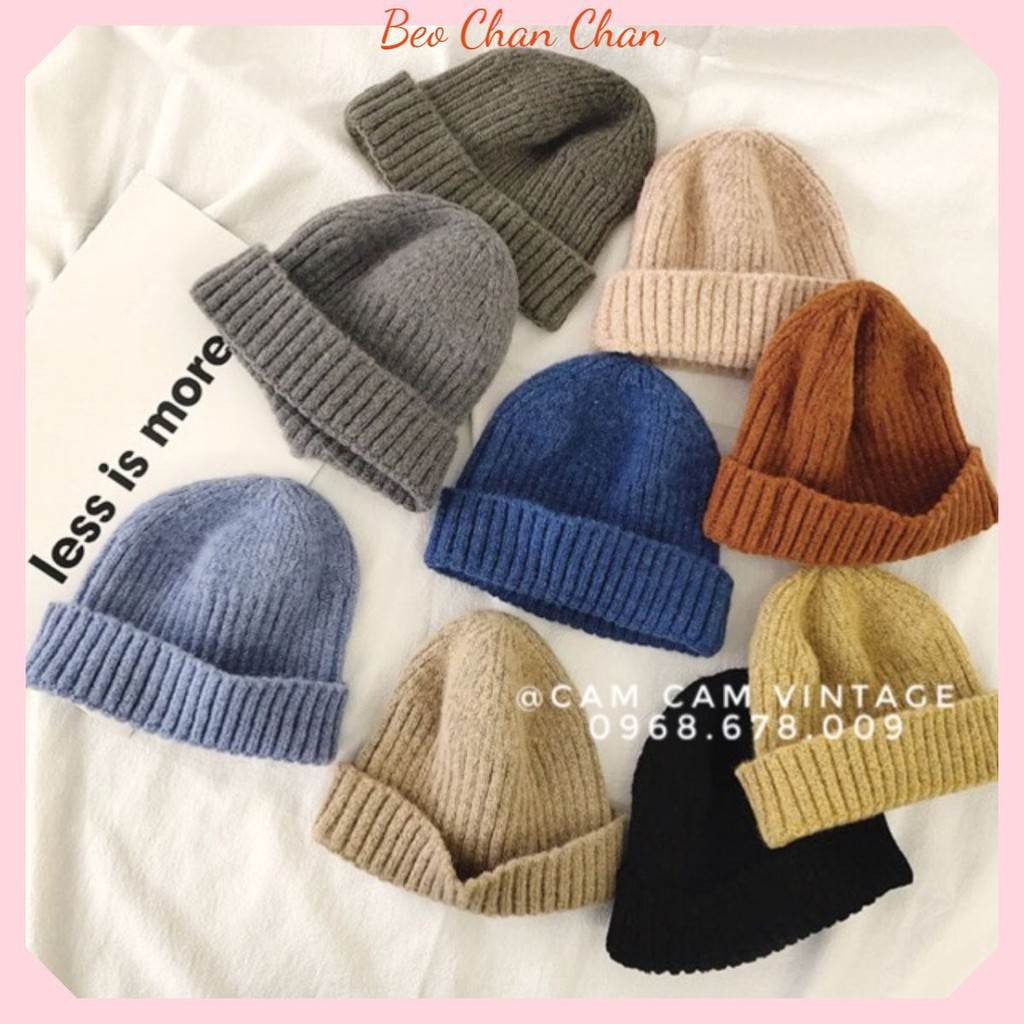 Mũ len Beanie vành ngắn gân xốp tone màu Vintage loại mịn xịn