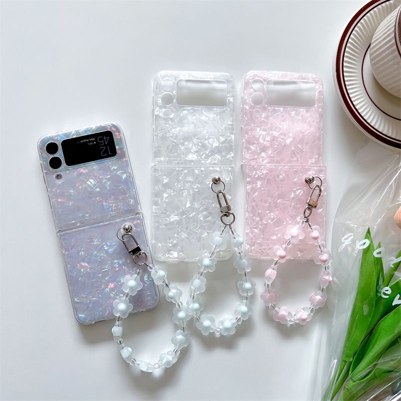 Ốp Samsung Z Flip 4 - ZFlip3 - Z Flip4 - Flip3 5G vân đá lấp lánh kèm dây đeo hạt hoa acrylic dễ thương