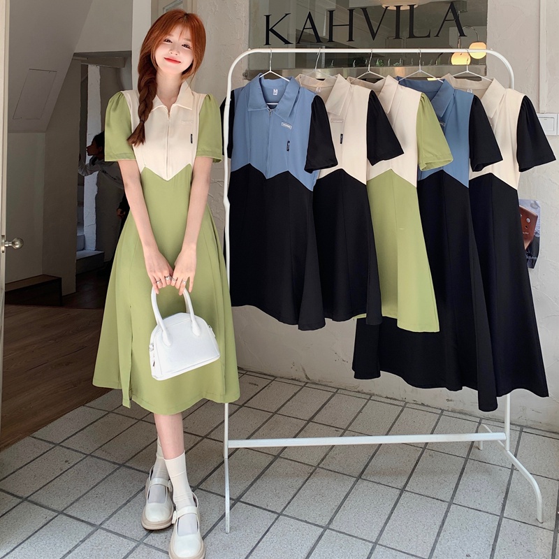Váy nữ, Váy ngắn tay, Váy POLO cổ chữ A, Phong cách Hàn Quốc mùa hè, Váy chắp vá, Váy xẻ tà dài 6257