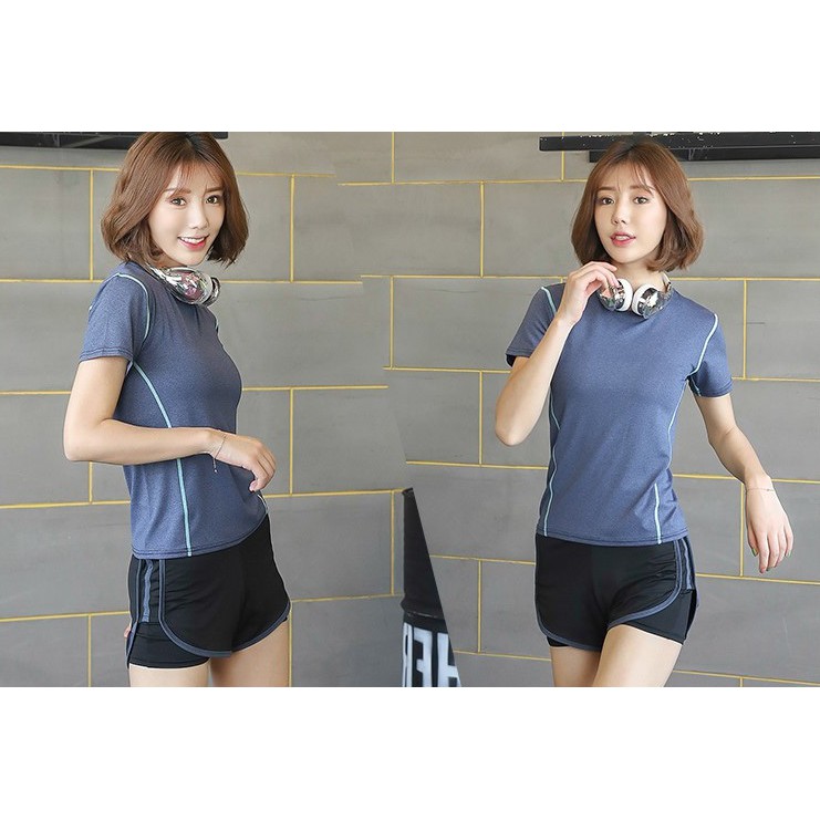 [CÓ SIZE LỚN] set bộ đồ tập gym, yoga, aerobic nữ Linda018 áo thun quần đùi 2 lớp