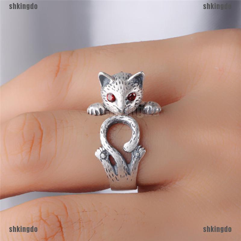 Nhẫn hình mèo đính đá phong cách Boho cổ điển thời trang