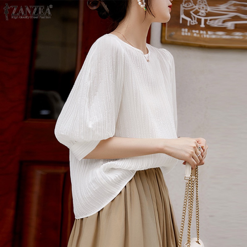 Áo kiểu Zanzea tay lỡ 3/ 4 cổ tròn màu trơn thời trang dành cho nữ