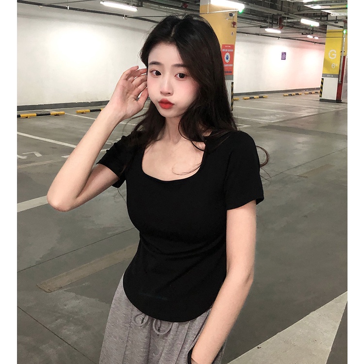 Áo Thun Tay Ngắn Cổ Vuông Dáng Ôm Phong Cách Hàn Quốc Thời Trang Cho Nữ