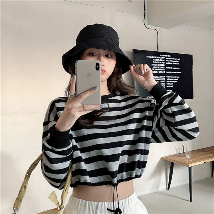 SUXI Áo Thun Tay Dài Form Rộng Họa Tiết Kẻ Sọc Phong Cách Hàn Quốc