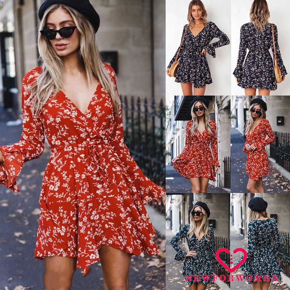 Đầm tay dài in hoa cổ chữ V phong cách boho cho nữ | BigBuy360 - bigbuy360.vn