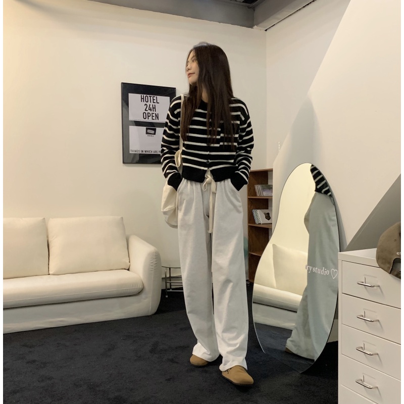 Áo khoác len cardigan ZHELIHANGFEI tay dài họa tiết kẻ sọc ngang phong cách retro dễ phối đồ