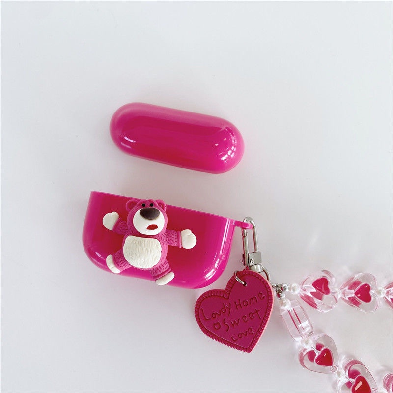 Vỏ bao đựng tại nghe airpod Pinks 1 Gấu Dâu Lotso bảo vệ bao đựng tai nghe không dây bluetooth 1/2/Pro/i12/i9/i7