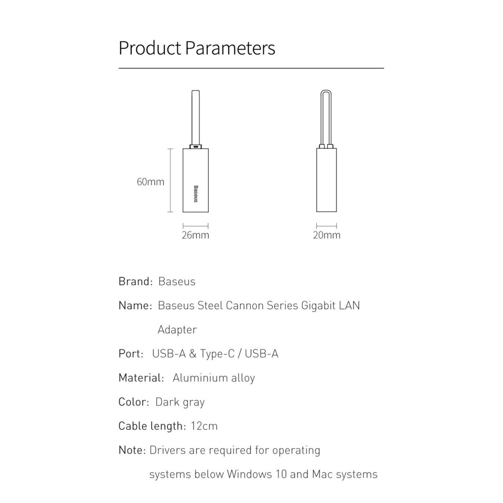 Đầu điều hợp ethernet Baseus cổng USB/Type C sang RJ45 1000Mbps cho MacBook Pro Mi Box 3