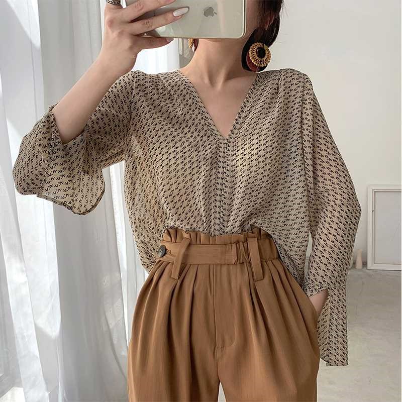 Áo Sơ Mi Voan Cổ Tim Dài Tay In Họa Tiết Thanh Lịch Dành Cho Nữ