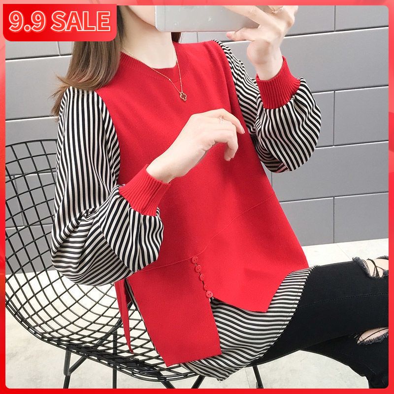 Áo sweater dệt kim mỏng dáng rộng giả hai lớp thời trang thu đông hàng mới dành cho bạn nữ 2021