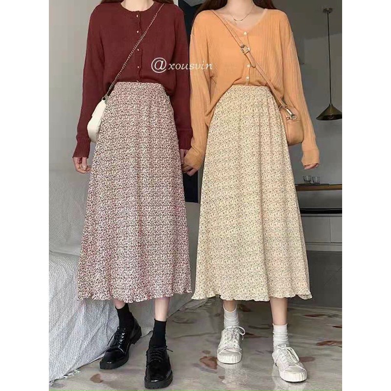 Chân váy midi xếp ly dài qua gối, Chân váy hoa nhí nhăn chất cực đẹp