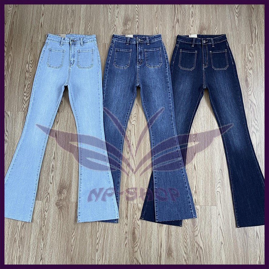 Quần jean ống loe NPSHOP lưng cao túi vuông cắt lai , quần bò nữ cạp cao loe nhẹ dài sang chảnh | BigBuy360 - bigbuy360.vn