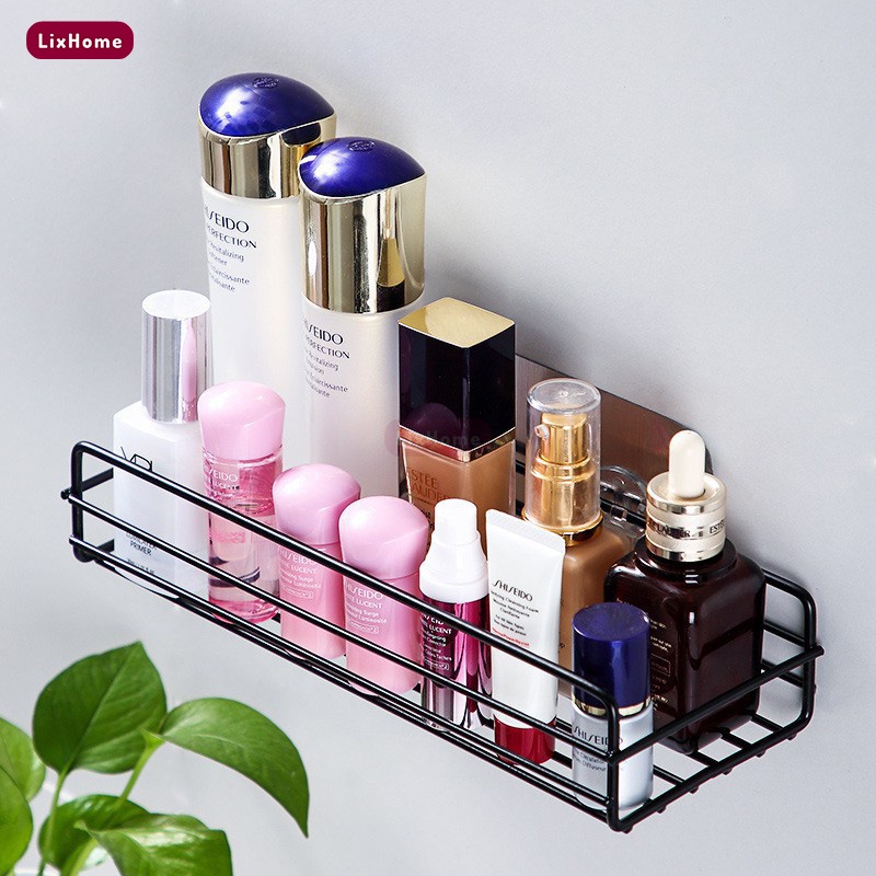 Kệ nhà tắm dán tường hình chữ nhật LKC1, để đồ đựng dầu gội - sữa tắm, giá đựng đồ nhà tắm sơn đen bền đẹp - LIXHOME