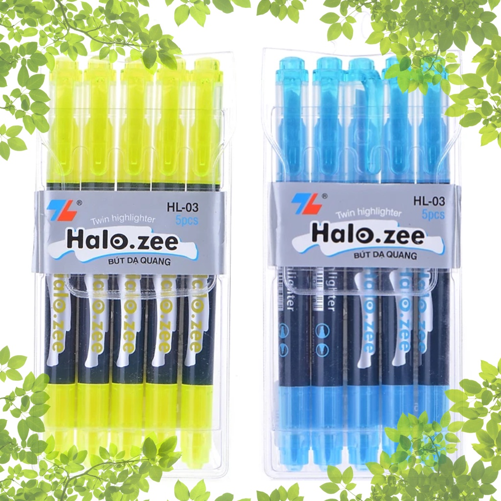 Vỉ 5 Bút Dạ Quang 2 Đầu Halo-zee HL03 Màu Vàng, Xanh Lá, Xanh Dương, Hồng, Cam