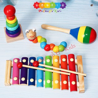 Combo Nhiều Loại Đồ Chơi Gỗ Cho Bé  - con sâu gỗ - đàn gỗ 8 thanh - cầu vồng - lục lạc - thả khối - trí uẩn