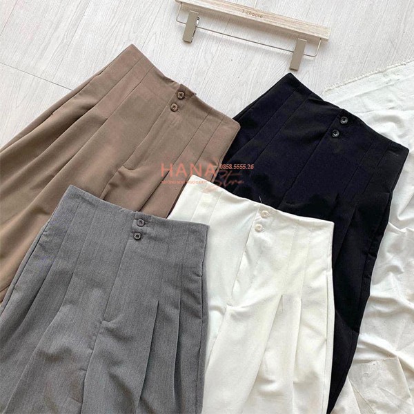 Quần baggy nữ cạp liền lưng cao tây âu công sở 2 khuy dáng dài vải đen trắng be