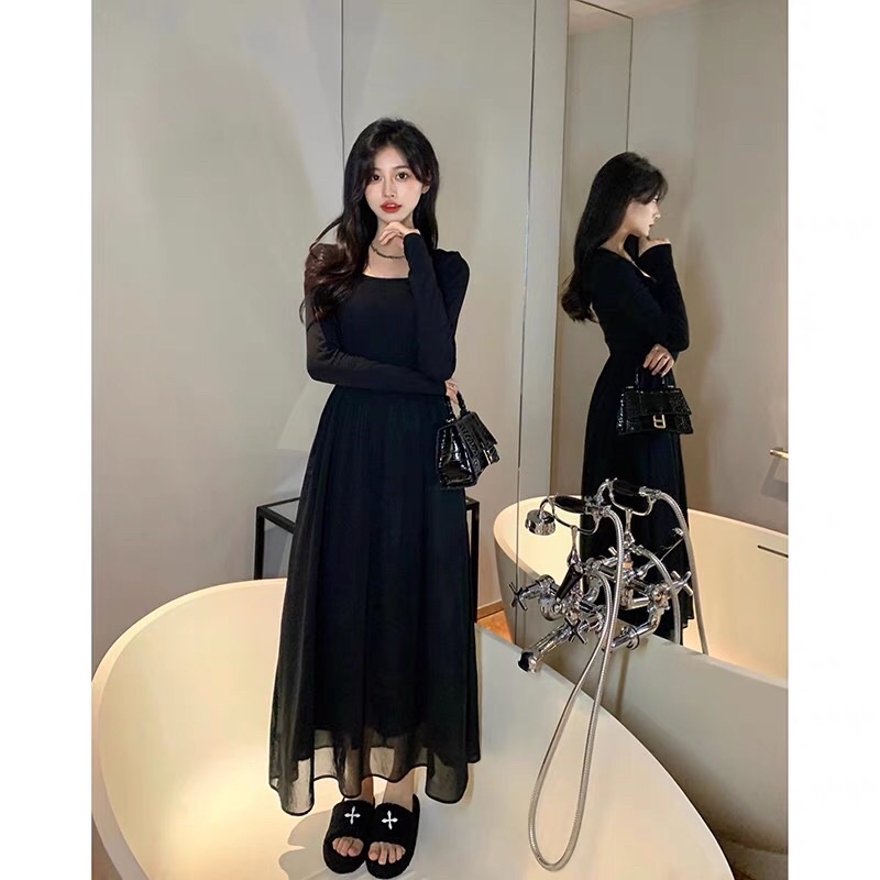 😄Váy cổ vuông tay dài , đầm thun dáng dài hở lưng bồng xòe bên dưới hàng cao cấp order Taobao