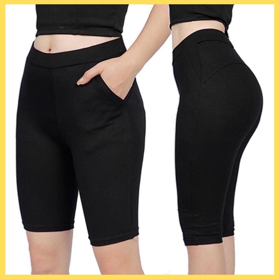 Quần legging nữ nâng mông lưng cạp cao vải thun dày dặn đùi ngố lửng ôm body bó mặc nhà tập gym yoga