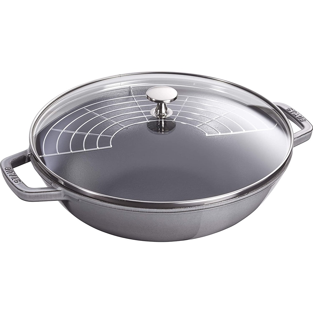 CHẢO GANG STAUB SÂU LÒNG 30CM MÀU XÁM NẮP KÍNH