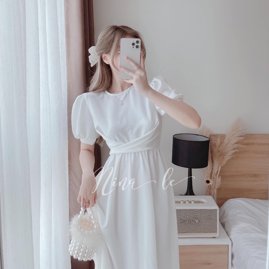 Đầm Midi Tay Bồng Cổ Tròn Thắt Nơ Lưng