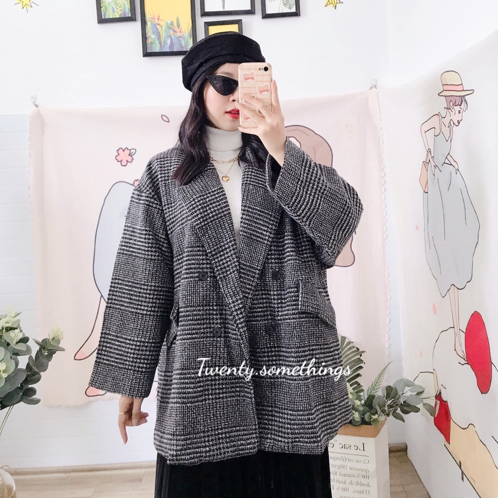 Áo Blazer Dạ Kẻ Oversize 2 Lớp Hàn Quốc (ảnh thật/sẵn/video)