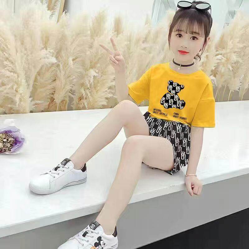 Set Áo Thun In Hình Gấu &amp; Quần Short Cho Bé Gái 5-12 Tuổi