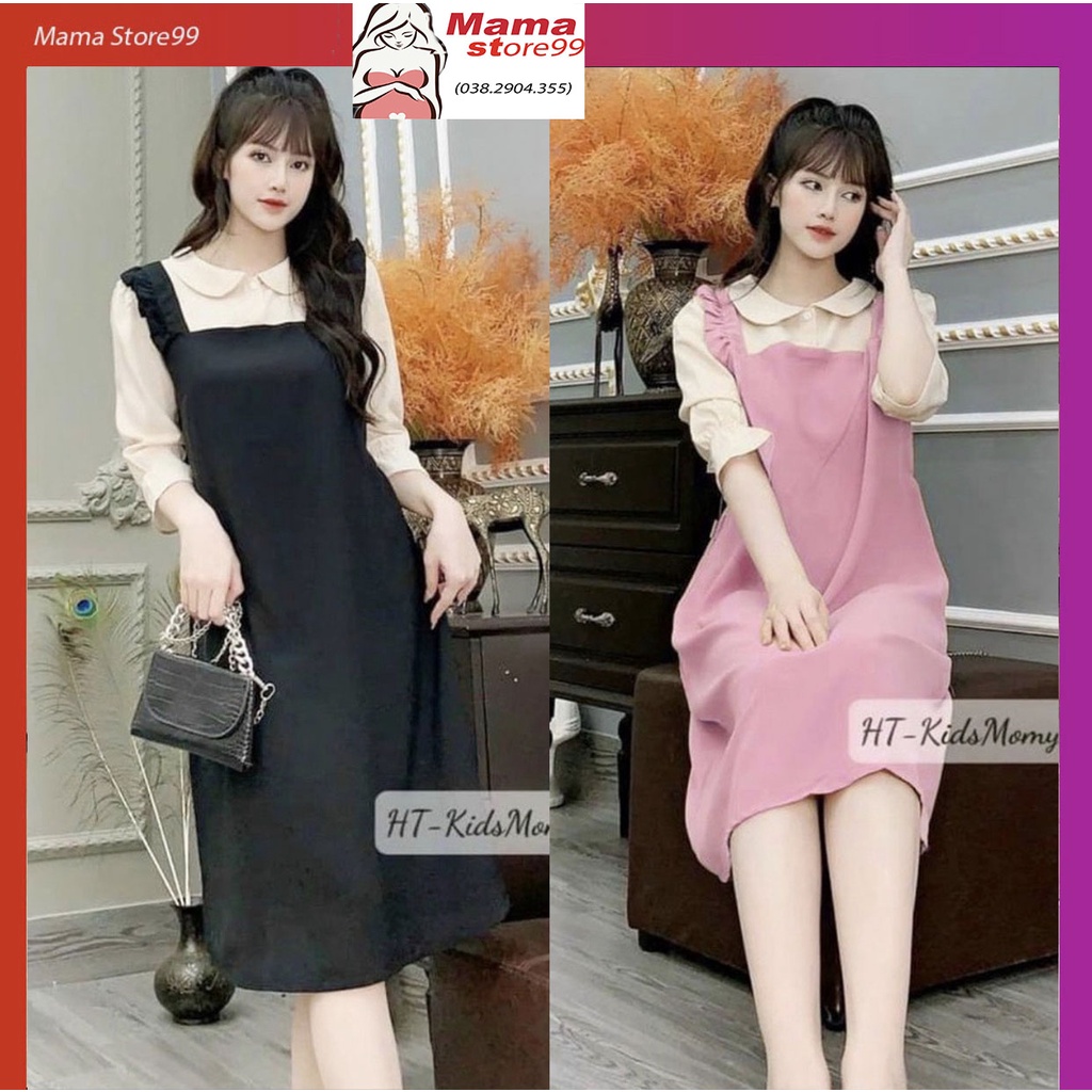 Váy Bầu Mùa Hè Chất Lụa Hàn Sét Yếm Dáng Suông Tay Lỡ Cổ Sen Xinh Xắn,Đầm Bầu Công Sở Đi Chơi V0048 Mama Store99