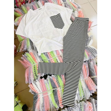 Đồ bộ nữ, set đồ bộ quần legging đai cao thun gân borip và áo thun cotton ngắn tay xẻ tà sau lưng form rộng có túi