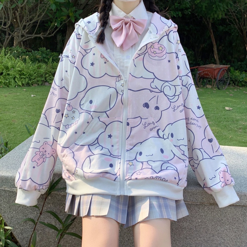 SANRIO Áo Khoác Cardigan Dáng Rộng Có Khóa Kéo In Họa Tiết Hoạt Hình Cinnamoroll Đáng Yêu Cho Nữ Sinh